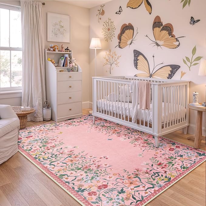 Wonnitar Washable Rug, 5x7 Pink Rugs for Living Room, Floral Print Non-Slip Area Rugs for Bedroom Girls, Soft Large Throw Carpet for Kids Nursery Room (Pink,5'x7')
