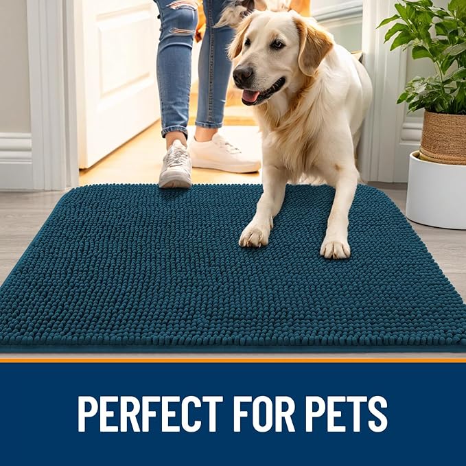 OLANLY Dog Door Mat for Muddy Paws 54x32, Absorbs Moisture and Dirt, Absorbent Non-Slip Washable Doormat, Quick Dry Chenille Mud Mat, Entry Indoor Entryway Carpet for Inside Floor, Atlantic Blue