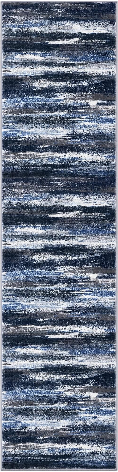 Modern Abstract Hallway Runner Rug, Navy Blue Washable Kitchen Runner Non-Slip Soft 2x8 Runner Rug Thin Print Faux Wool Carpet for Entryway Bedroom Laundry Room Indoor