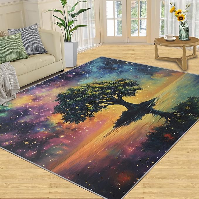 6x8 Tree of Life Classroom Rugs - Galaxy Tree Playroom Rug, Dreamlike Starry Sky Carpet Area Rug for Girls Bedroom Kids Room Basement Office Classroom