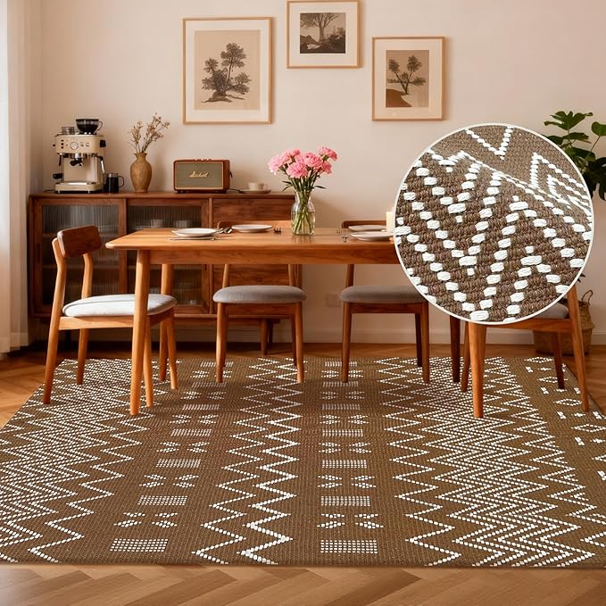 Washable Area Rug 5x7 ft,Rubber Backed Non Slip Faux Jute Rug for Office,Living Room and Bedroom Braided Rug,Indoor Floor Carpets for Dining Room,Farmhouse,Brown/White
