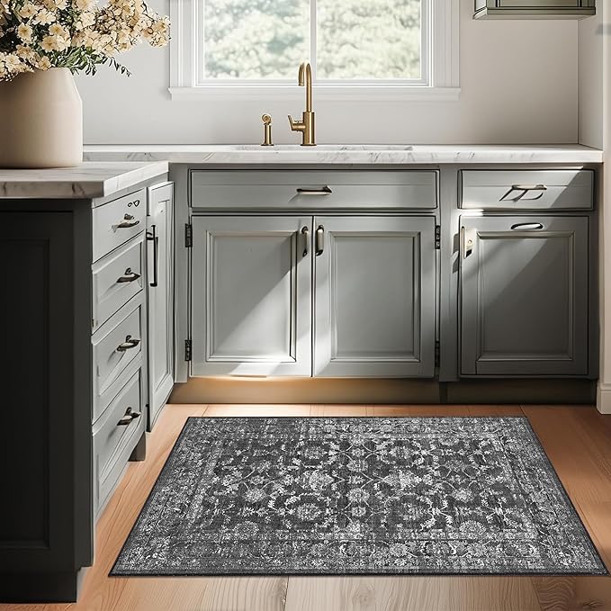 Washable Area Rug 2x3 Black Rugs for Living Room, Vintage Boho Rug for Bedroom Dining Room Office, Distressed Floral Print Carpet for Under Table, Soft Non Slip Low Pile Throw Carpet Indoor Mat