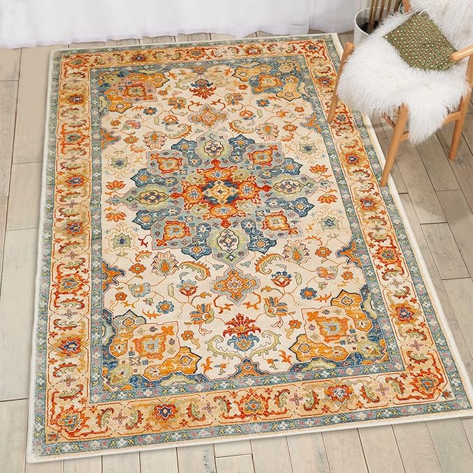 COMSLE Boho Area Rug, 3' x 5' Machine Washable Rugs for Entryway Faux Wool Large Rugs Distressed Throw Rug Non-Slip Floor Carpet for Indoor Bedroom Kitchen Living Room