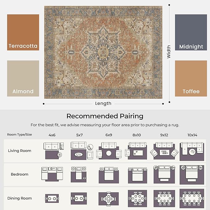 Kokia 9x12 Washable Area Rugs Terracotta with Vintage Orient Design, Soft Rug for Living Room or Bedroom, Non-Slip Low Pile Stain Resistance Features, Distressed Medallion Pattern