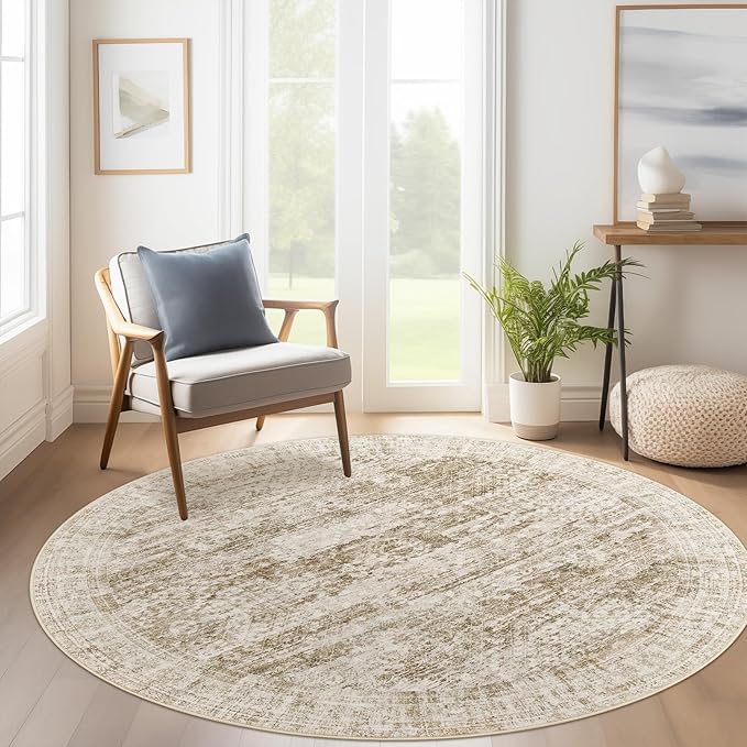 8x8 Brown Round Rug 8ft Living Room Circle Rug Vintage Round Area Rug Non Slip Indoor Carpet for Apartment