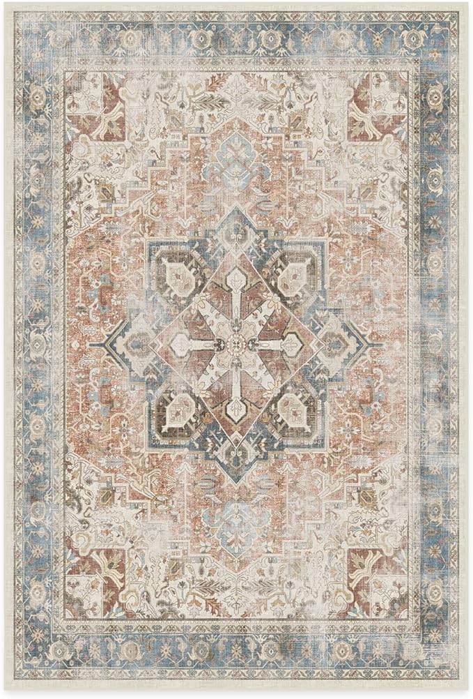 RUGGABLE Washable Vintage Area Rug – Kamran Coral 6x9, Stain-Resistant, Non-Slip – Medium Machine Washable Rugs for Living Room, Bedroom, Hallway, Entryway & Office–with Cushioned Pad