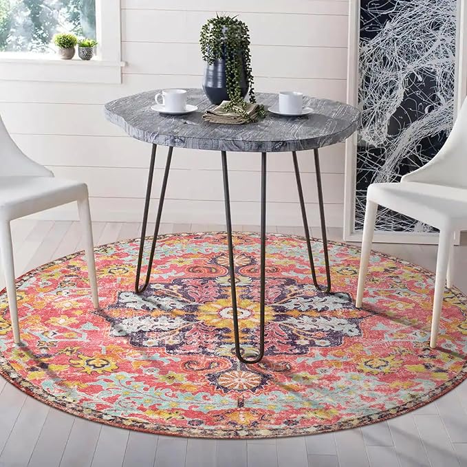 Lahome Bohemian Floral Medallion Round Rug - 4Ft Hot Pink Soft Round Area Rug Bedroom Kitchen Mat, Turkish Washable Indoor Floor Accent Bathroom Carpet for Nursery Living Room Home Office Hallway