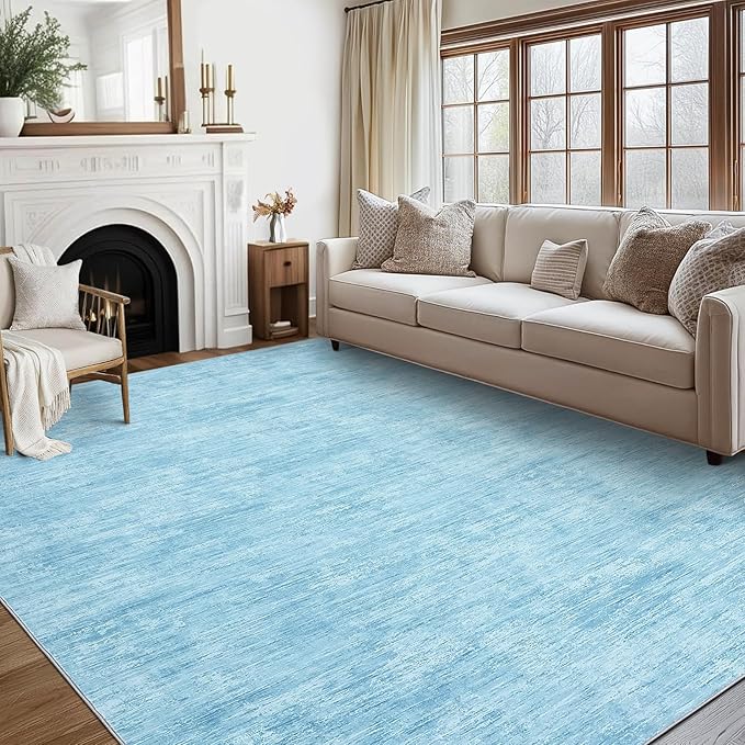 RUGSREAL Bedroom Area Rug 4x6 Modern Abstract Area Rug Stain Resistant Small Living Room Rug Contemporary Dining Room Rug Non-Slip Solid Rug Aesthetic Accent Floor Carpet for Kitchen Office, Blue