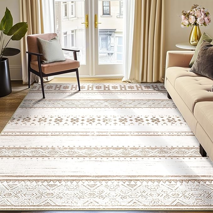BESTSWEETIE 9x12 Area Rugs for Living Room Washable Moroccan Farmhouse Neutral Geometric Low Pile Non-Slip Soft Print Pattern Rug for Bedroom Kitchen Dining Room Entryway Cream/Brown/Pink