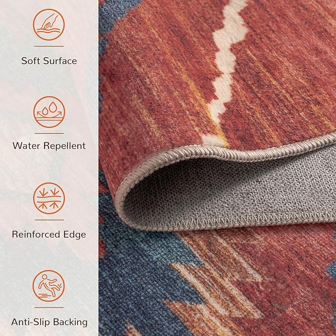 Area Rug 2x5 Rug Machine Washable Non-Slip Low Pile Print Pattern Western Rug for Living Room Bedroom Entryway Tribal Series-Red/Orange