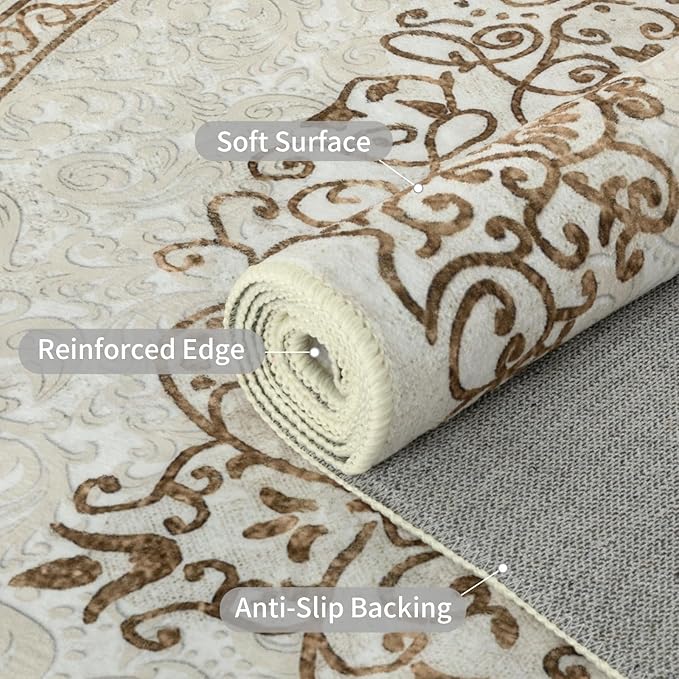 Easy-Going Round Rug 6ft Area Rug Washable Boho Neutral Circle Rugs for Living Room Non-Slip Bedroom Rug Low Pile Lightweight Floral Brown Print Vintage Throw Rug for Dining Room Kitchen Home Office