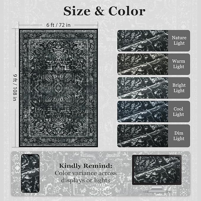 Distressed Black Rugs for Living Room 6x9, Low Pile Thin Area Rugs for Bedroom Manchine Washable Non Slip, Dark Medallion Pinted Carpet for Dining Room Guest Room Home Office