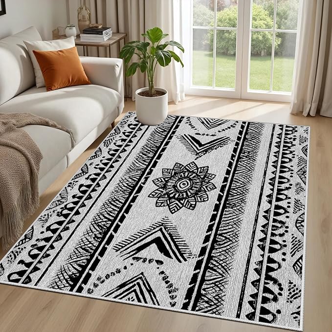Area Rugs Moroccan for Living Room 3x4, Washable Non-Slip Boho Rug, Neutral Farmhouse Soft Carpet for Bedroom, Kitchen, Dining Room, Entryway, Geometric Print Tribal Carpets, Black and White