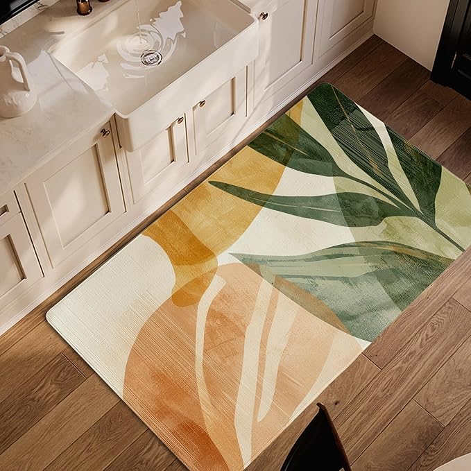 Boho Tropical Leaves Washable Living Room Area Rug, Low Profile Abstract Pattern, 3x5 Non-Slip Backing Carpet for Kitchen, Bedroom, Dining Room