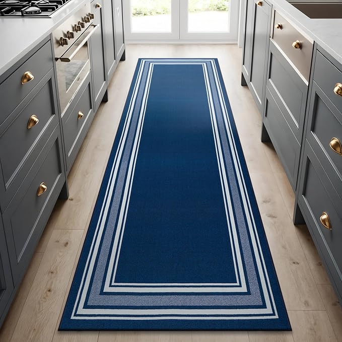 Beverly Rug Non Slip Area Rugs 2x5 Modern Bordered Non Skid Rubber Backing Soft Runner Rug for Living Dining Room Easy to Clean Non Shedding Kitchen Bedroom Indoor Carpet 2 x 5 Navy