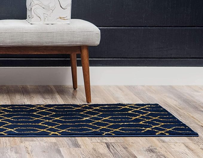 Marilyn Monroe Glam Collection Area Rug - Trellis (2' x 6' 1" Runner, Navy Blue Gold/ Gold)