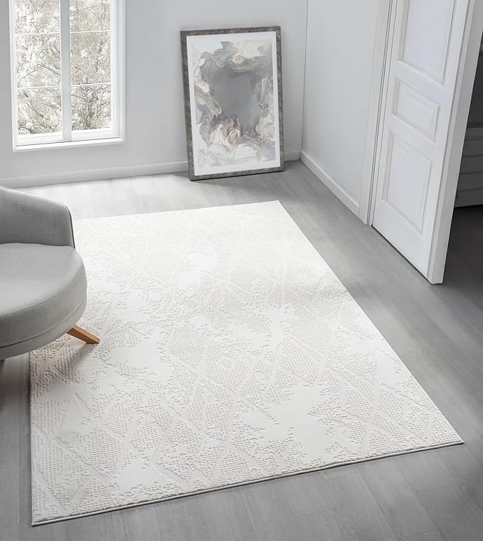 Adel Modern Area Rug for Living Room, 5x7 Rustic Distressed Abstract Cream Neutral Rug, Medium Pile Stain Resistant Carpet for Bedroom, Dining Room or Kitchen (5' x 7', Cream)