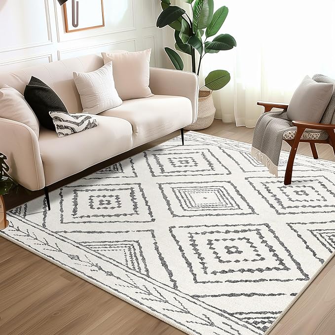 Area Rug 6x6 Rug Machine Washable Non-Slip Low Pile Print Pattern Western Rug for Living Room Bedroom Entryway Tribal Series -Navywhite/Black