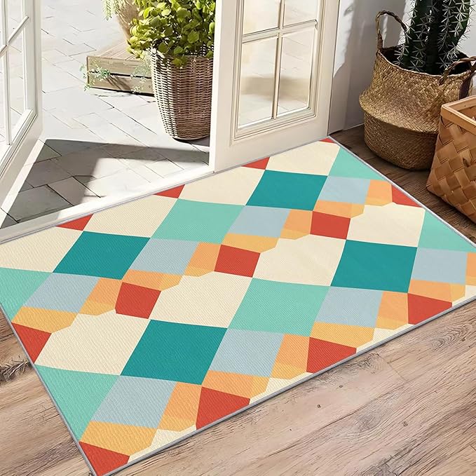 6x9 Rug Washable - Geometric Rug for Bedroom, Colorful Retro Mid Century Modern Non Slip Low Pile Area Rugs for Living Room, Geometric Carpets Home Decor & Gifts
