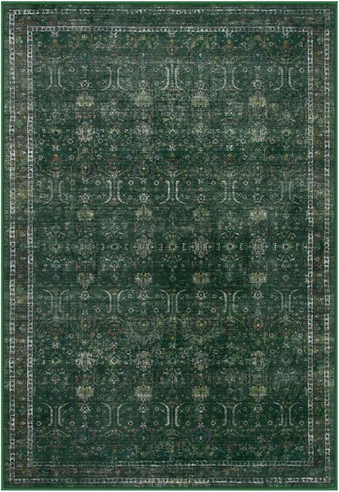 Moynesa Vintage Washable Green Rugs for Living Room 5x7, Retro Area Rug for Bedroom Dining Room Kitchen, Low Pile Soft Non-Slip Accent Carpets for Office Indoor Nursery