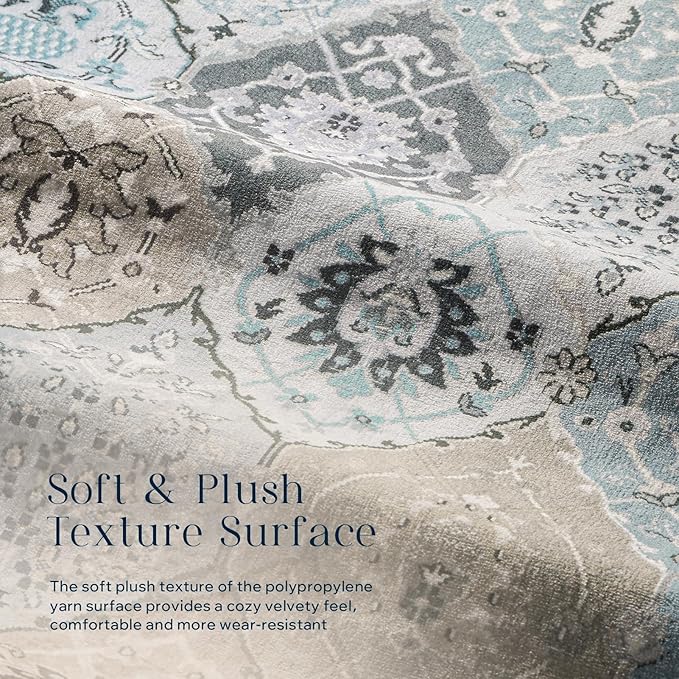 Phantoscope Washable Area Rug 9'x12' Non-Slip, Vintage Boho Rugs for Living Room, Bedroom, Dining Room, Distressed Moroccan Mosaic Diamond Pattern, Low-Pile Foldable Floor Carpet, Grey Charcoal