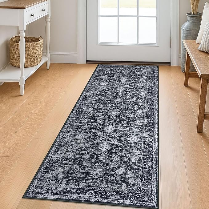 KILOCOCO Washable Runner 2x5 Rug Runner Printed Vintage Floral Kitchen Runners Non-Slip Rubber Backed Runners for Hallways Distressed Thin Soft Rugs for Entryway Laundry Room, Black/Navy/White