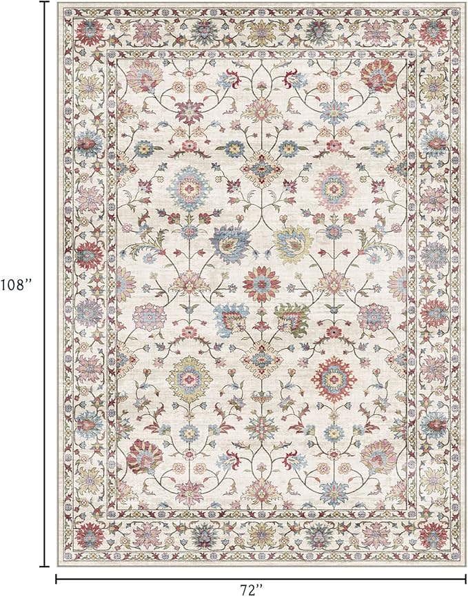 6x9 Area Rug for Living Room - Large Traditional Floral Washable Rugs for Bedroom Non-Slip Colorful Boho Dining Room Rug Low-Pile Cream Farmhouse Carpet Soft Vinatge Bohemian Foyer Rug