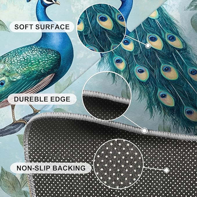 Peacock Rugs for Living Room - 4x6 Rug, Classic Peacock Floral Area Rugs for Bedroom, Teal Turquoise Rug, Modern Style Washable Carpet, Aesthetics Carpet - Peafowl Home Decor & Gifts