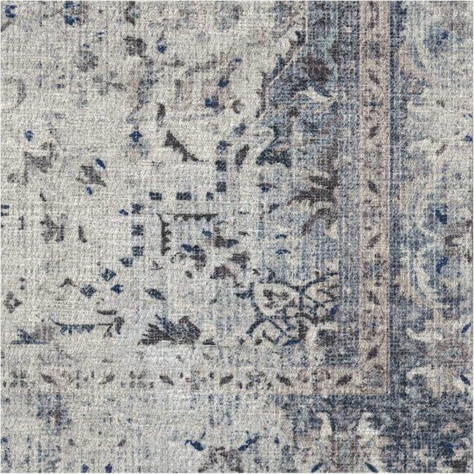 RUGGABLE Washable Vintage Area Rug – Sarrah Blue Quartz 8 ft Round, Stain-Resistant, Non-Slip – Large Machine Washable Rugs for Living Room, Bedroom, Hallway, Entryway & Office–with Cushioned Pad