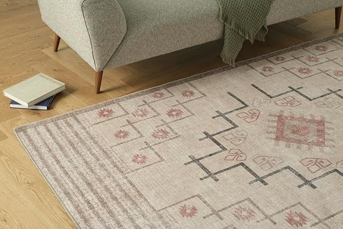Revival Rugs Funk 6'x9' Zero-Shedding Area Rug for Living Room Bedroom - Oeko-TEX Certified, Low Pile, Spot Clean, Beige, Cream