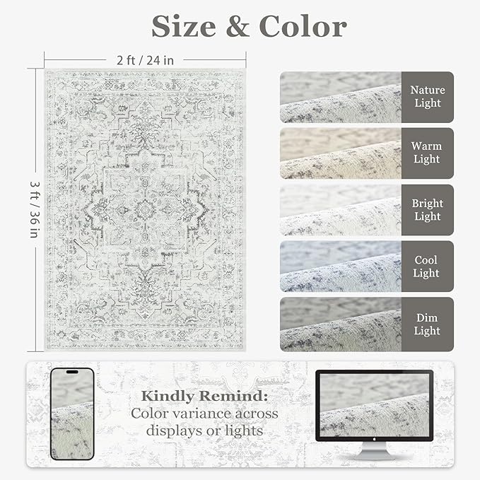 Distressed 2x3 Kitchen Rugs Washable Non Slip, Transitional Farmhouse Door Mat Indoor Entrance Entryway, Small Low Pile Rugs for Bedroom/Bathroom Vanity/Laundry Room, Off White/Light Grey