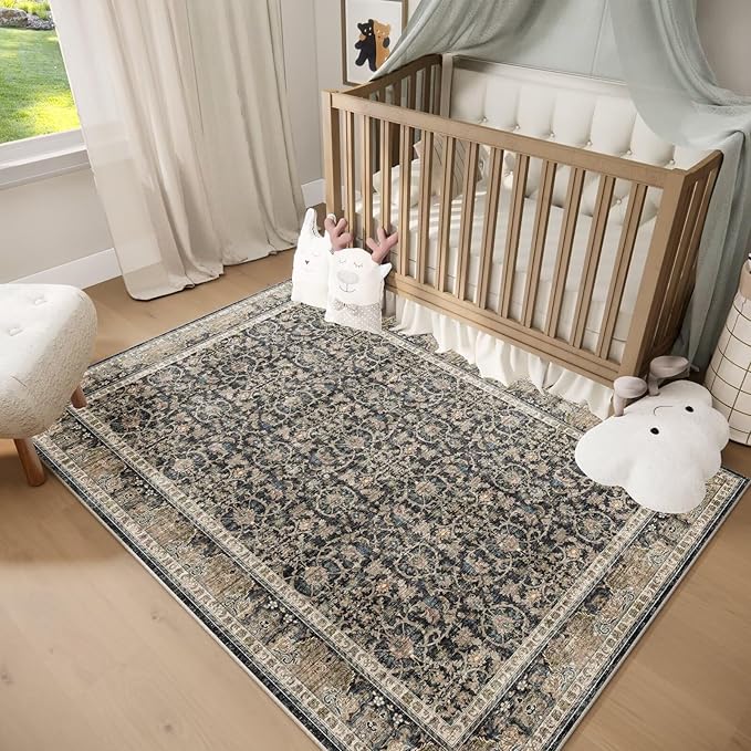 Washable 2x3 Entryway Rug, Boho Non-Slip Door Mat Vintage Distress Small Rugs for Kitchen Nursery Office Bedroom, 0.3" Neutral Oriental Throw Carpet with Cushioning Pad, Grass Green/Multi