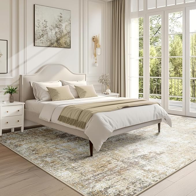Washable Area Rugs 6'x8' Non-Slip Modern Abstract Soft for Living Room Entryway Bedroom Nursery, Print Pattern, Neutral Brown Gray