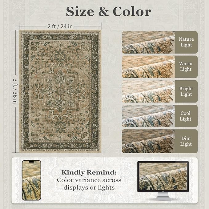 Vintage Distressed 2x3 Kitchen Rugs Washable Non Slip, Moody Medallion Door Mat Indoor Entrance Entryway, Small Low Pile Rugs for Bedroom/Bathroom Vanity/Laundry Room, Multi Brown/Slate Green