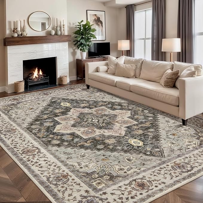 Tangsoo 5x7 Area Rug Washable Rug for Living Room, Vintage Indoor Non Slip Large Area Rugs, Print Distressed Grey Carpet, Soft Low Pile Foldable Floor Rug for Bedroom Dining Room Dorm