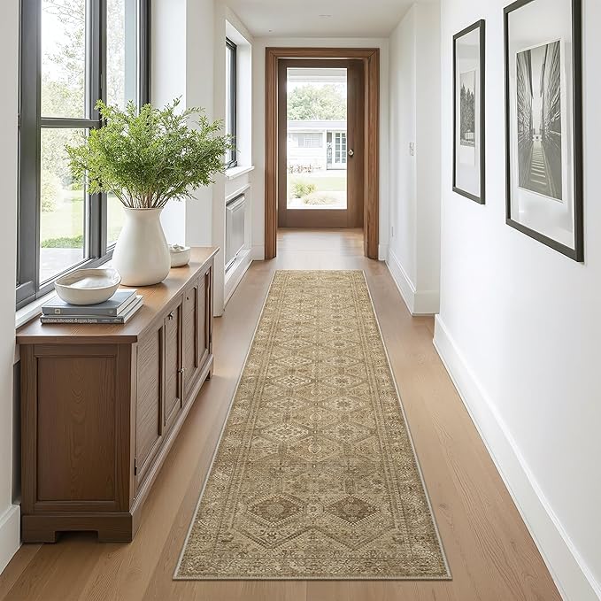 Bavni 2x10 Runner Rug Non Slip, Machine Washable Rug Runners for Hallways, Vintage Distressed Print Kitchen Runner, Low Pile Lightweight Carpet for Entryway Laundry Bedroom Bathroom Nut Brown