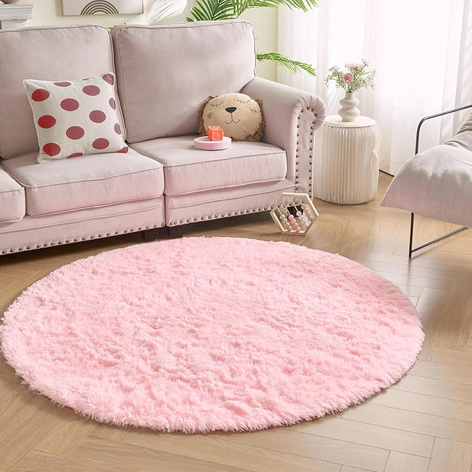 Andency Pink Round Area Rug for Bedroom, Shag Fuzzy Plush Circle Rug 7'X7' for Room, Cute Fluffy Circular Carpet for Dorm Playroom