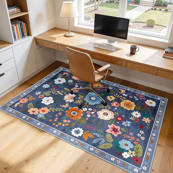 Floral 5x7 Area Rug Machine Washable Soft Print Boho Carpet Non Slip Doormat Low Pile Flower Area Rugs for Living Room Bedroom Nursery Kitchen Dining Room Indoor-Blue/Grey