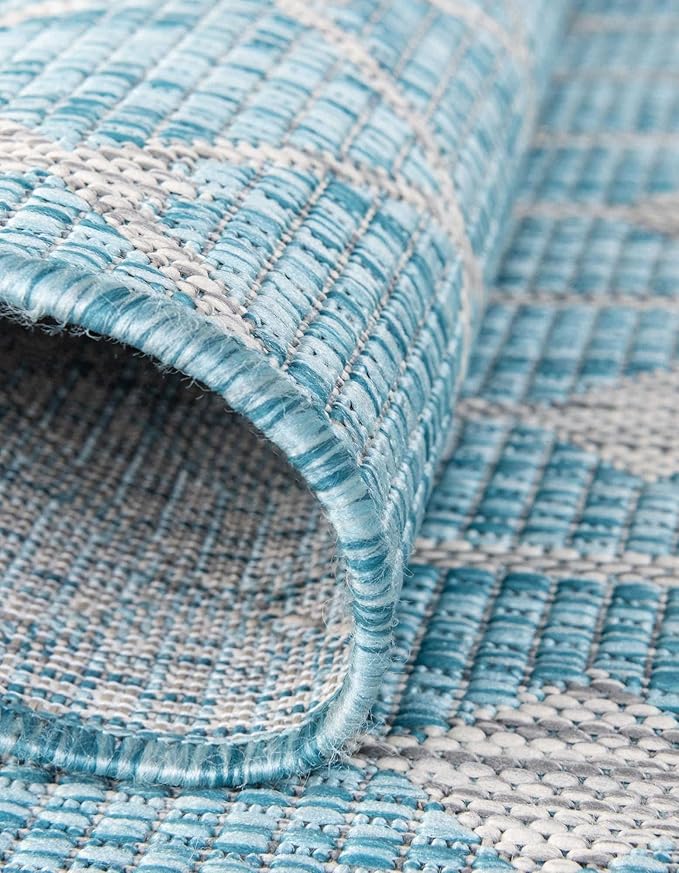 Unique Loom Outdoor Trellis Collection Area Rug - Tribal Trellis (10' 8" Square, Aqua/ Ivory)