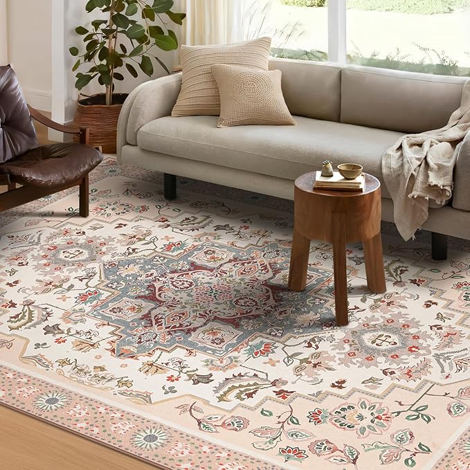 Phantoscope Washable Round Area Rug 6ft Non-Slip, Vintage Boho Rugs for Living Room, Bedroom, Dining Room, Persian Floral Medallion Pattern, Low-Pile Foldable Floor Carpet, Ivory Rose/Fall Bloom