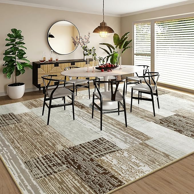 Large Area Rugs,Modern Geometric Patchwork Floor Decor for Bedroom Aesthetic Carpet, Rockwood Collection, Indoor Rugs for Living Room, Dining Room, Nursery, Office, Machine Washable Rug,8x10 Ft Beige