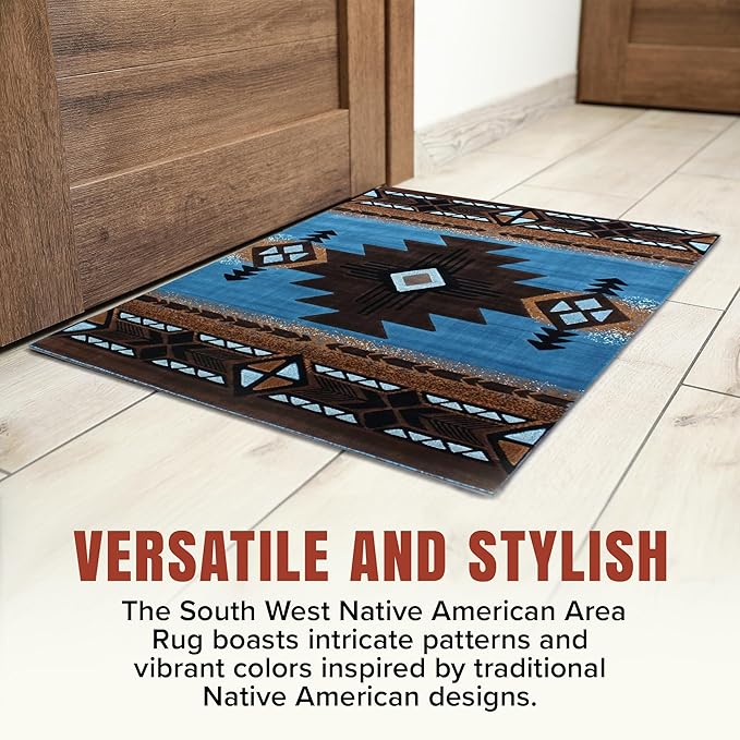 YHSF South West Native American Area Rug C318 - Easy Clean, Thick, Soft, Durable Native Tribal American Indian Inspired Rug for Bedroom/Living Room and More - Blue-Brown, 5 ft 11 in x 8 ft 6 in