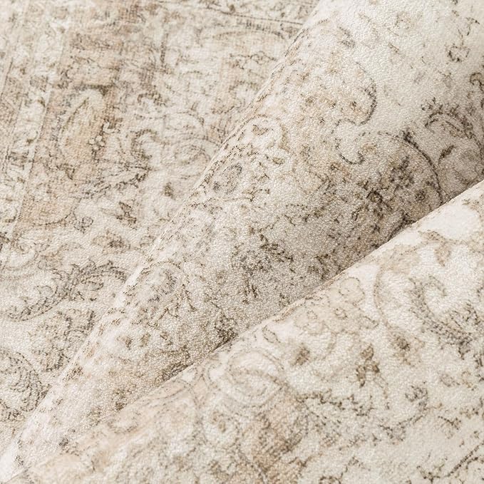 10x14 Beige Area Rug Vintage Living Room Bedroom Washable Carpet Non-Slip Soft Low Pile Distressed Indoor Large Throw Rug for Dining Room Office