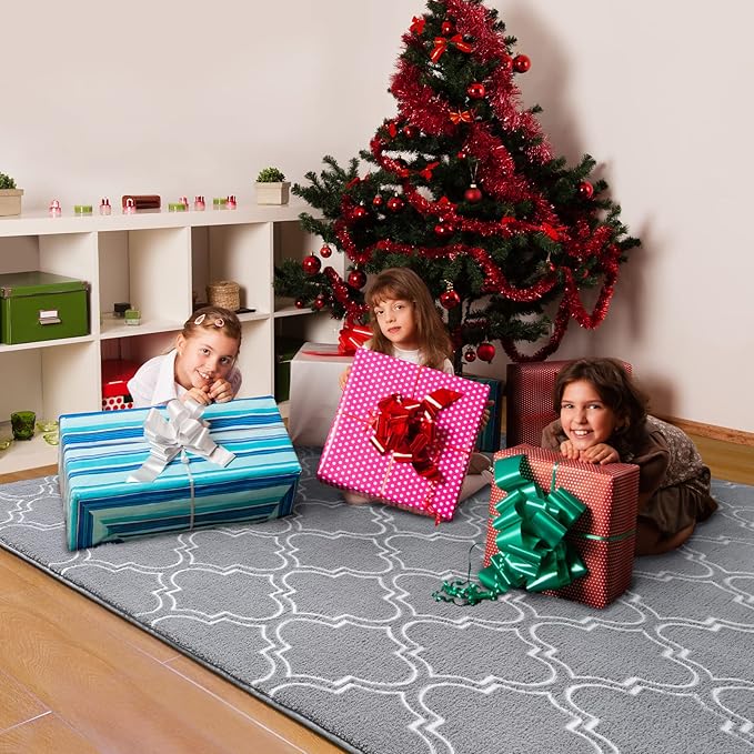 Amearea Fluffy Indoor Trellis Rug, Soft Moroccan Home Rugs for Bedroom, Shag Modern Area Rug for Living Room Kids Room Nursery, Easy Clean, Home Decor Low Pile Carpet, Light Grey 4x6 Feet