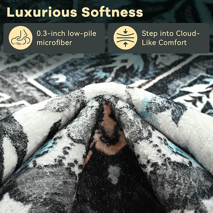 YJ.GWL Area Rugs for Living Room 4x6 Machine Washable Rugs for Bedroom, Non Slip Floral Vintage Rug Indoor Carpet, Stain Resistant Throw Rug for Dining Room Kitchen, Black Grey Blue