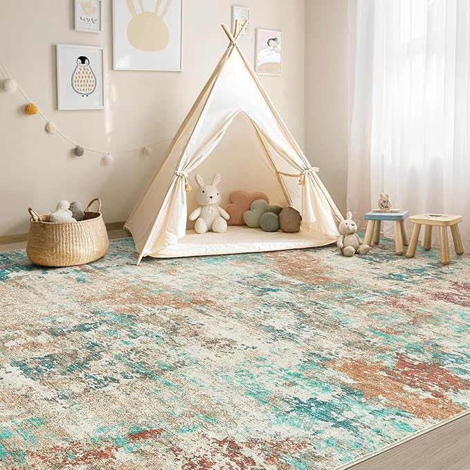 9x12 Christmas Area Rug Living Room Rugs - Washable Neutral Modern Abstract Soft Thin Large Rug Indoor Floor No Slip Rug Carpet for Bedroom Under Dining Table Home Office Decor - Colorful
