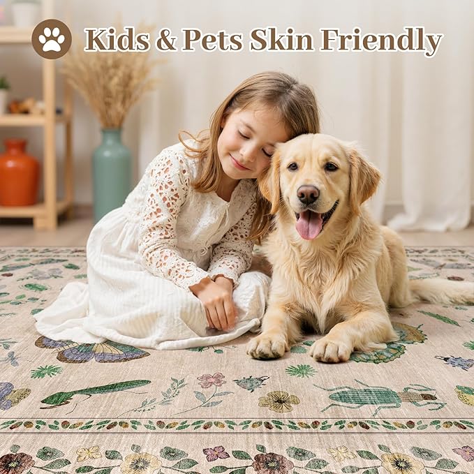 7x9 Low Pile Machine Washable Bug Rug - Indoor Non-Slip Insect Print Rug for Entryway, Living Room, Bedroom, Kitchen, Front Door, Laundry (7'x9' Beige Green)