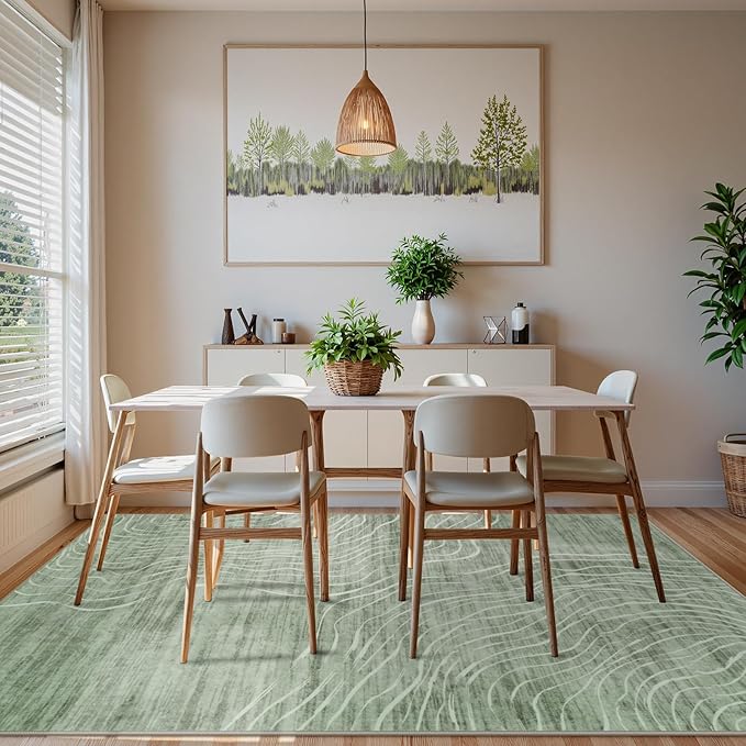 LIVEBOX Machine Washable Modern Abstract 6x9 Area Rug, Non Slip Large Bedroom Living Room Nursery Girl Rug Minimalist Wave Striped Neutral Boys Rug, Carpet for Dining Room Playroom(Sage Green,6'x9')