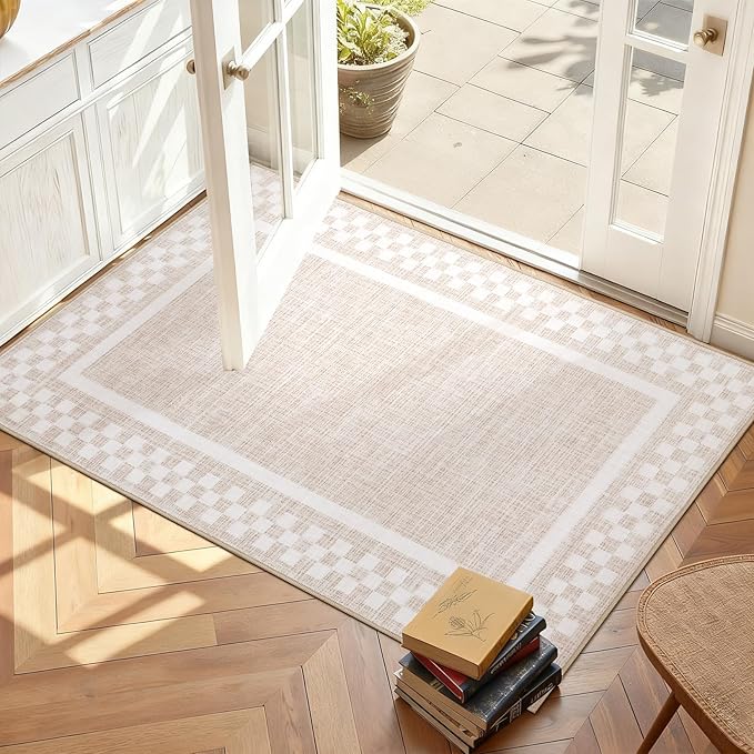 Small Area Rug 2x3 Modern Checkered Entry Rug Solid Color Scalloped Kitchen Rugs Washable Bedroom Doormat Non Slip Stain Resistant Bordered Throw Carpet for Living Room Nursery Laundry, Beige