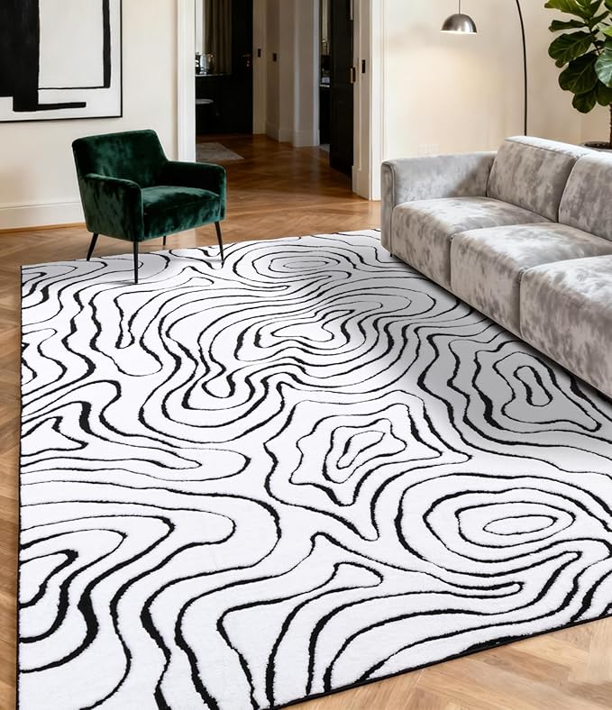 YIHOUSE Modern Rugs for Living Room 6x9, Washable Black and White Bedroom Rug, Fluffy Geometric Dining Room Rugs for Under Table Home Decor